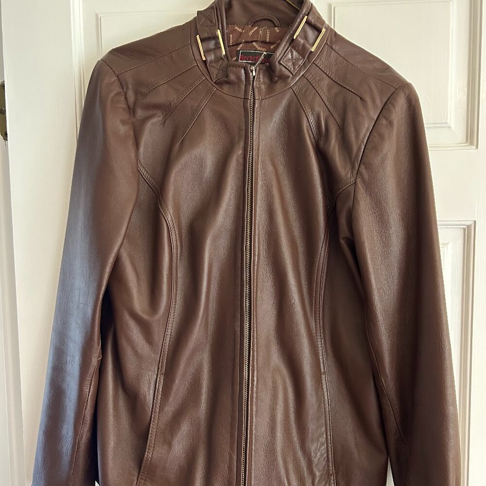 Vintage Mock Neck 100% Leather Coat Jacket Brown Moto Women's M